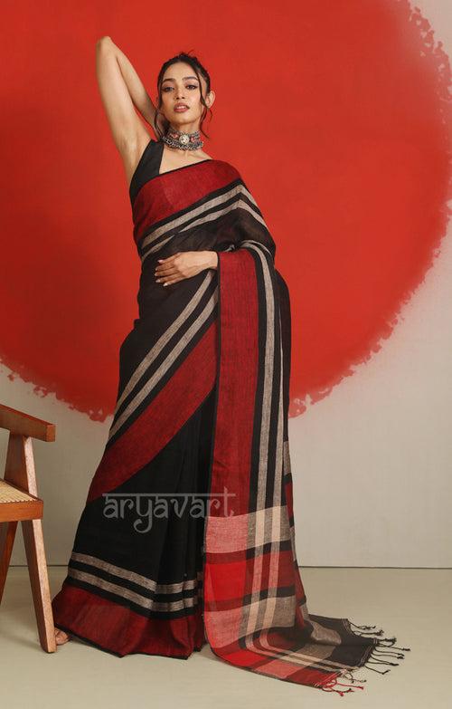 Black Linen Saree with a Striking Red Border