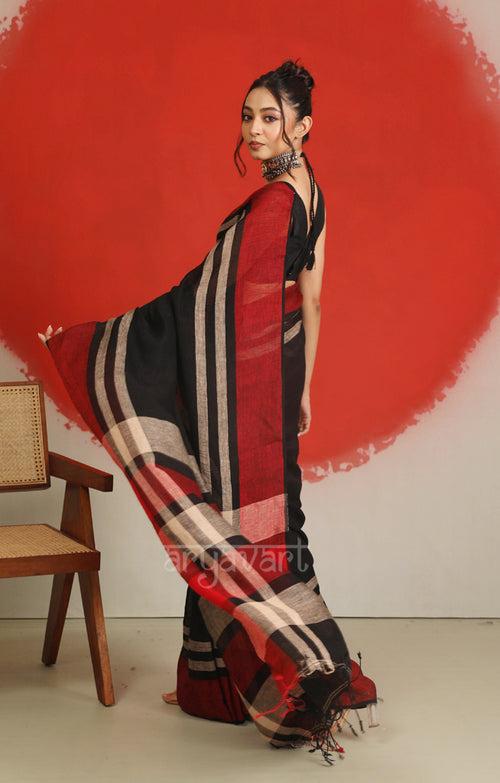 Black Linen Saree with a Striking Red Border