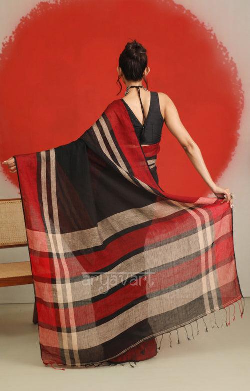 Black Linen Saree with a Striking Red Border