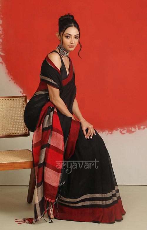 Black Linen Saree with a Striking Red Border