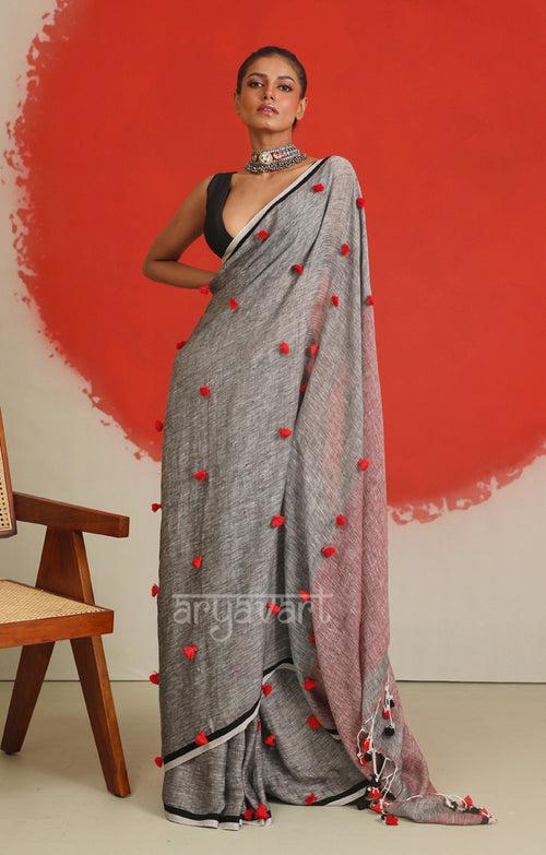 Stunning Grey Linen Saree With Woven in Pom Poms