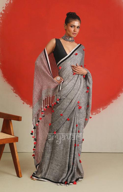 Stunning Grey Linen Saree With Woven in Pom Poms