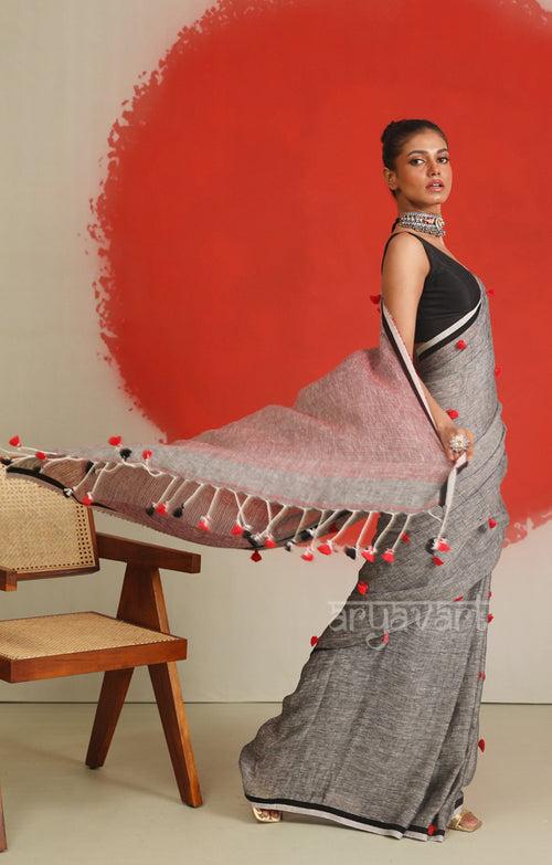 Stunning Grey Linen Saree With Woven in Pom Poms