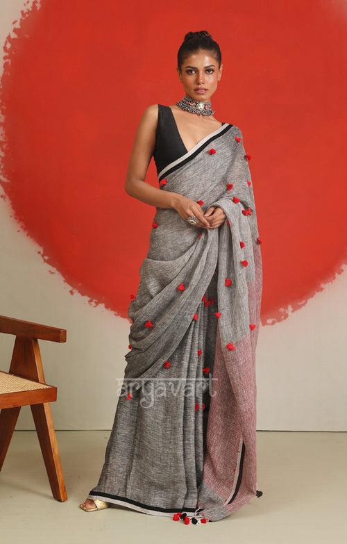 Stunning Grey Linen Saree With Woven in Pom Poms