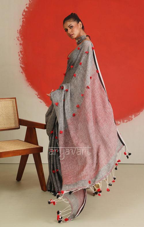 Stunning Grey Linen Saree With Woven in Pom Poms