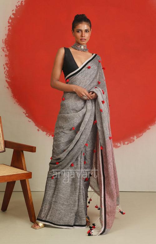 Stunning Grey Linen Saree With Woven in Pom Poms