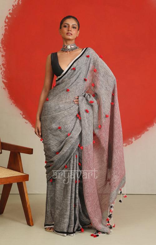 Stunning Grey Linen Saree With Woven in Pom Poms