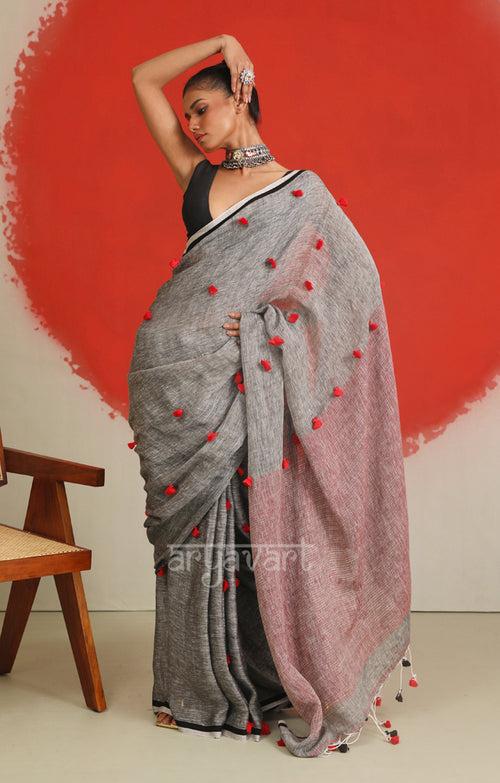 Stunning Grey Linen Saree With Woven in Pom Poms