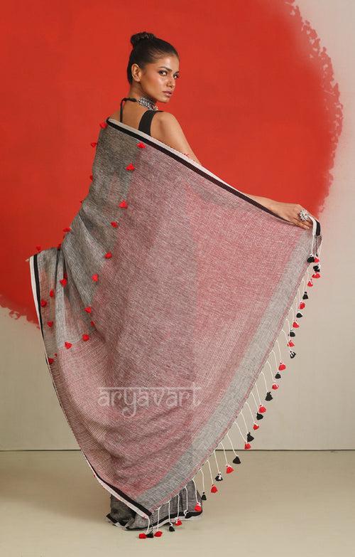 Stunning Grey Linen Saree With Woven in Pom Poms