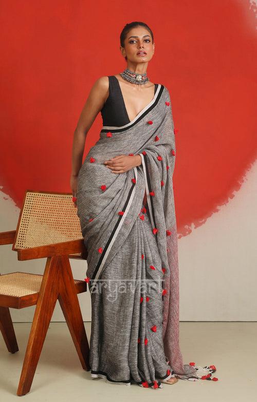 Stunning Grey Linen Saree With Woven in Pom Poms