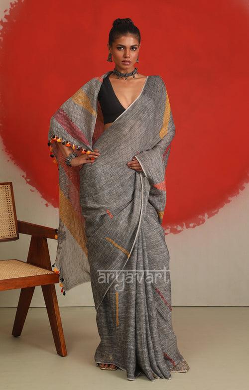 Grey Linen Saree with Woven Jamdani Multi Colour Design