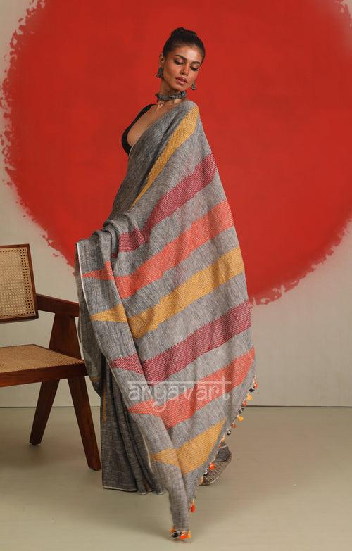 Grey Linen Saree with Woven Jamdani Multi Colour Design