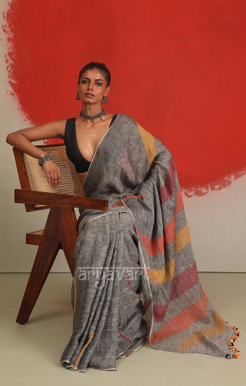 Grey Linen Saree with Woven Jamdani Multi Colour Design