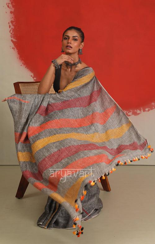 Grey Linen Saree with Woven Jamdani Multi Colour Design