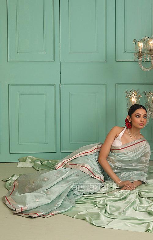 Sea Green Silk Chanderi Saree With Woven Buttas