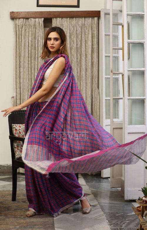 Magenta & Blue Linen Saree with Zari Border & pallu