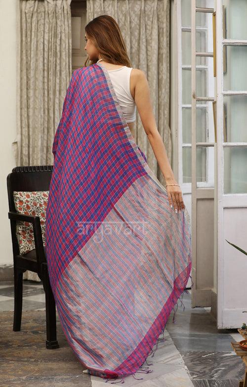 Magenta & Blue Linen Saree with Zari Border & pallu