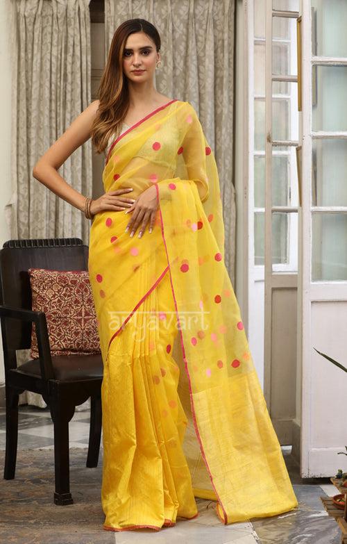 Striking Yellow Matka Silk Saree With Woven Polka Dot Design