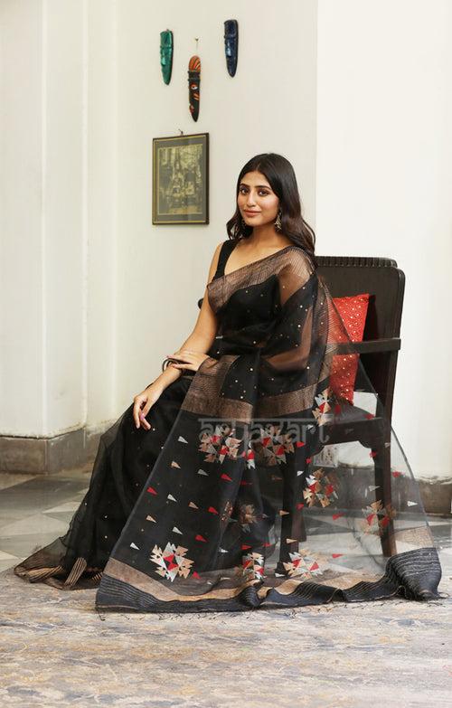 Striking Black Silk Saree With Woven In Sequence & Jamdani Motifs