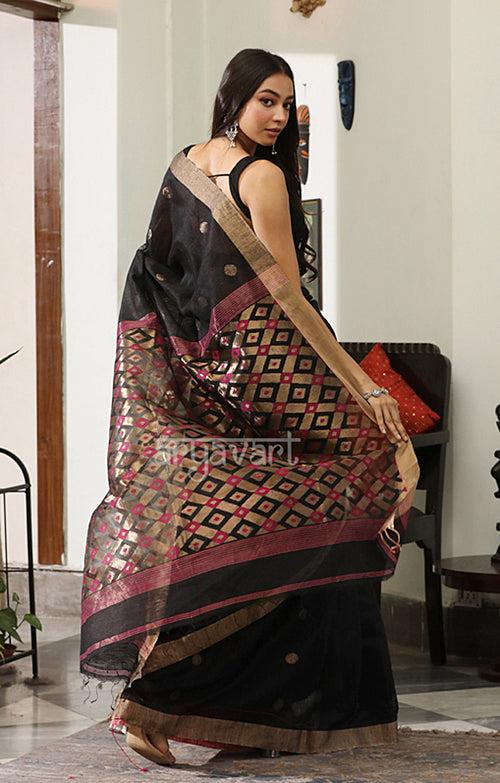 Black Matka Silk Saree with Jamdani Woven Design