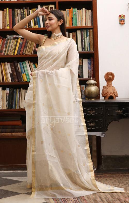 Pearl White Chanderi saree with Zari Polka dot Buttas