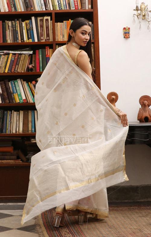 Pearl White Chanderi saree with Zari Polka dot Buttas