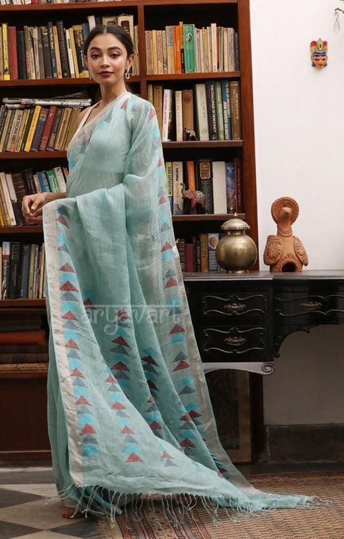 Sky Blue Linen Saree with Striking Triangle shape Jamdani Woven Design