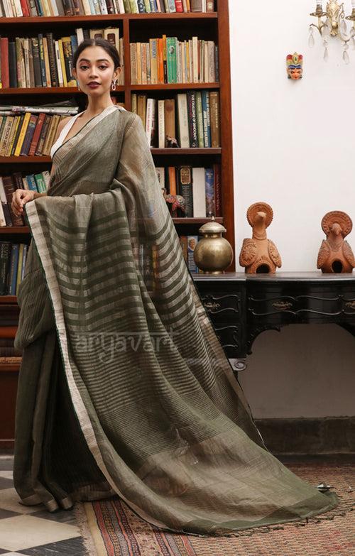 Pine Green Linen Saree with Silver Zari Stripes