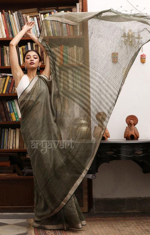 Pine Green Linen Saree with Silver Zari Stripes