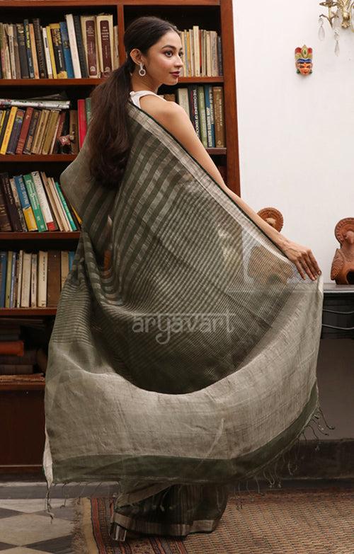 Pine Green Linen Saree with Silver Zari Stripes