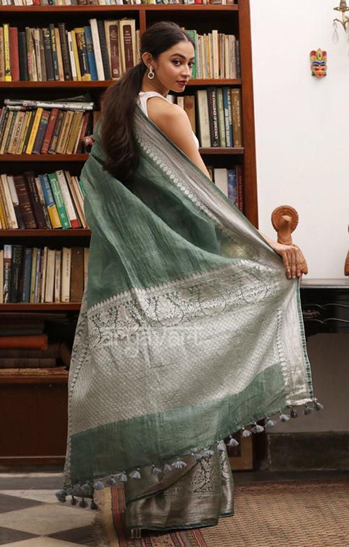 Jade Green Linen Saree with Silver Zari Woven Design