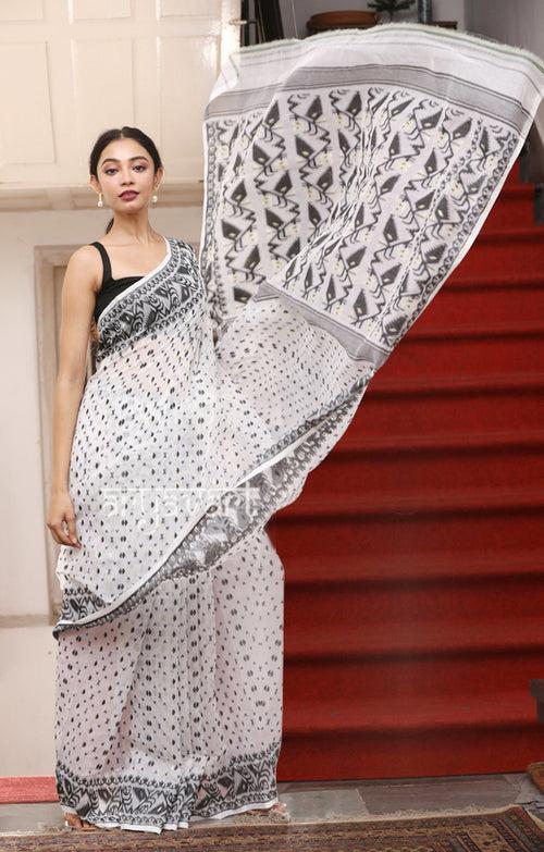 Striking White & Black Jamdani Saree with Woven Buttas & Pallu