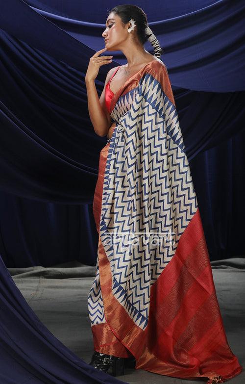 Off- White Tussar Silk With Striking Zig- Zag Block Print Design