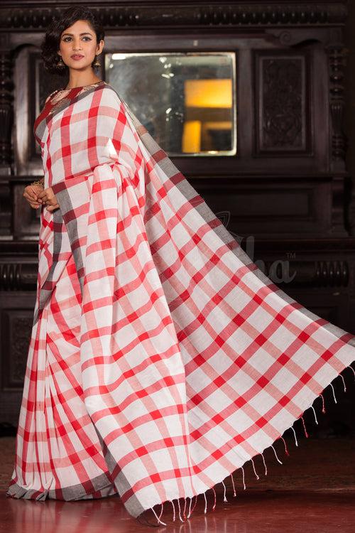 Red & white Cotton Checkered Handloom Saree