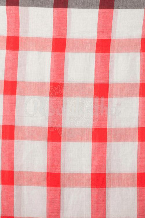 Red & white Cotton Checkered Handloom Saree