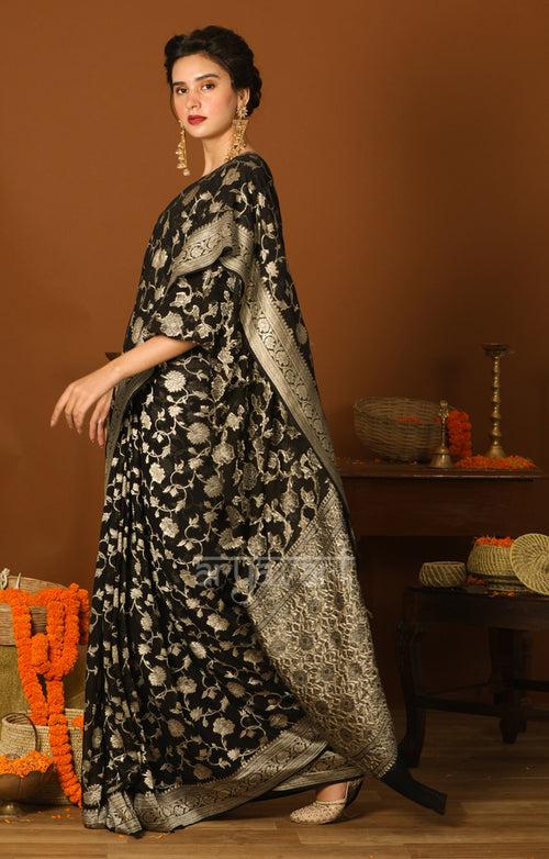 Black Chiffon Saree with Silver Zari Floral Weave