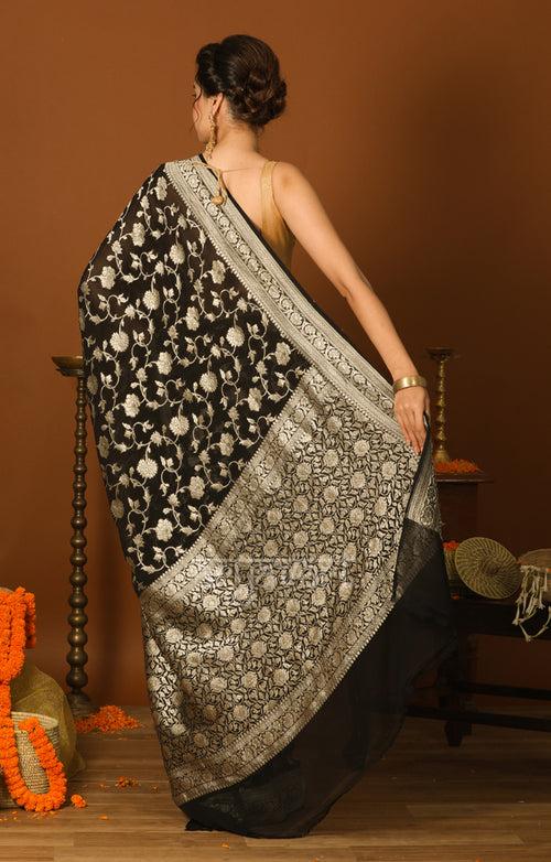 Black Chiffon Saree with Silver Zari Floral Weave