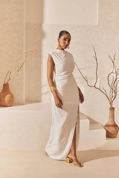 White Textured Maxi Dress with a Slit