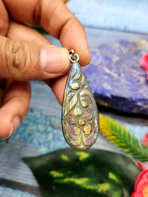 Labradorite Floral Carving Pendant with 925 Silver Loop - A Fusion of Spiritual Harmony & Nature's Radiance