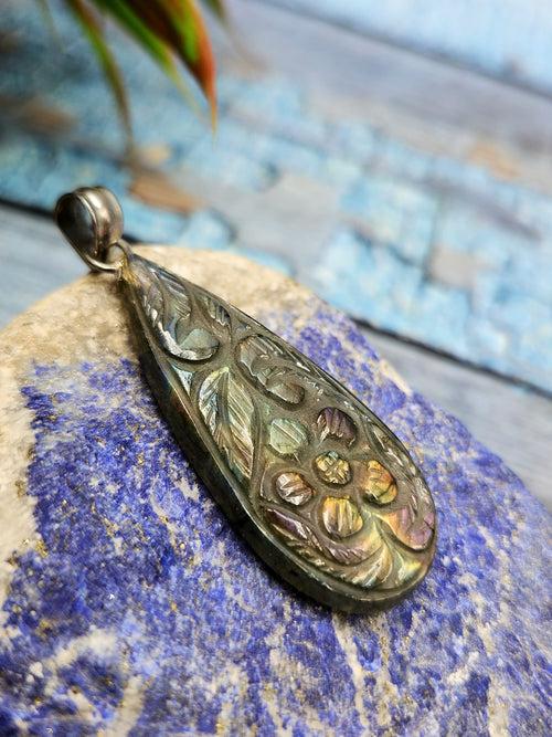 Labradorite Floral Carving Pendant with 925 Silver Loop - A Fusion of Spiritual Harmony & Nature's Radiance