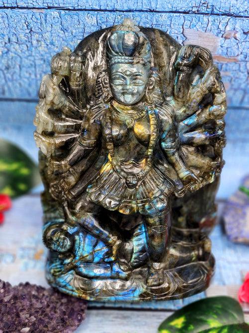 Goddess Kali statue/idol/murti in labradorite stone - A Divine Fusion of Wisdom and Spiritual Illumination | 8 inches and 3110 gms