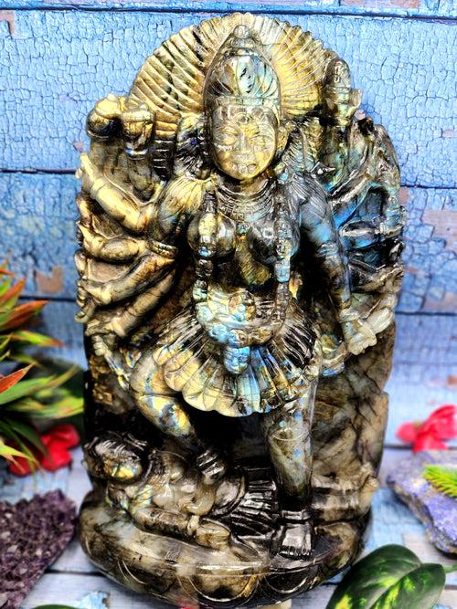 Goddess Kali statue in labradorite stone - A Divine Fusion of Wisdom and Spiritual Illumination | 12 inches and 6700 gms