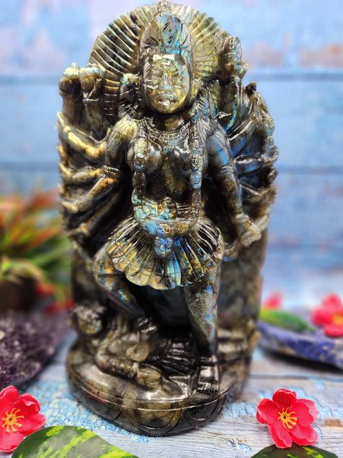 Goddess Kali statue in labradorite stone - A Divine Fusion of Wisdom and Spiritual Illumination | 12 inches and 6700 gms