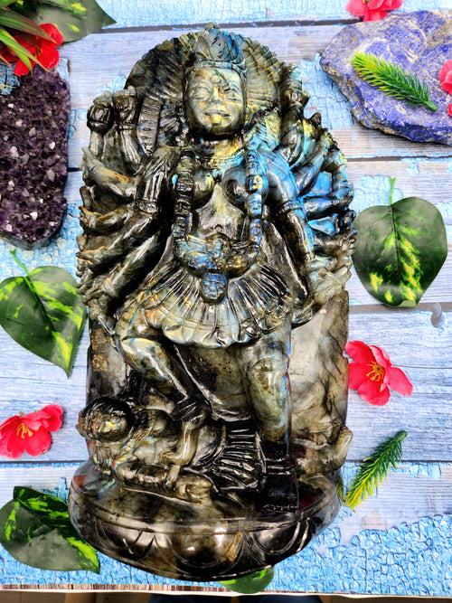 Goddess Kali statue in labradorite stone - A Divine Fusion of Wisdom and Spiritual Illumination | 12 inches and 6700 gms