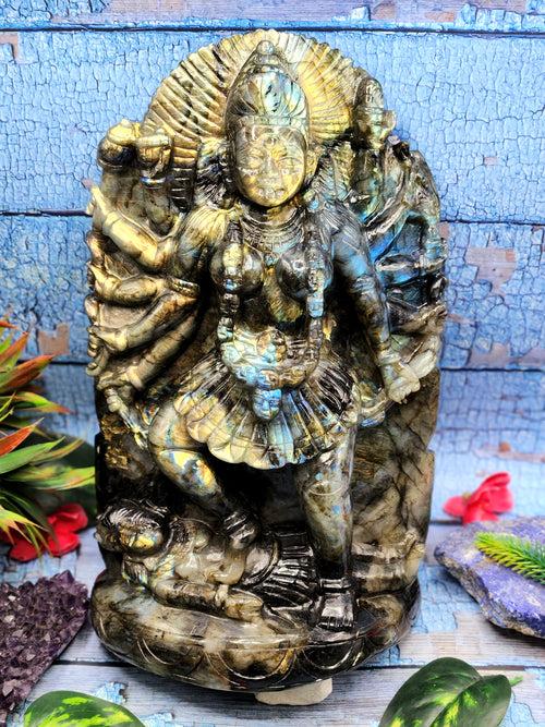 Goddess Kali statue in labradorite stone - A Divine Fusion of Wisdom and Spiritual Illumination | 12 inches and 6700 gms