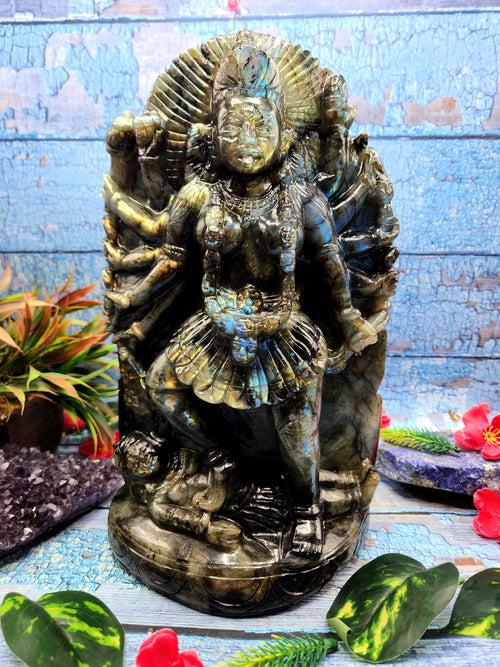 Goddess Kali statue in labradorite stone - A Divine Fusion of Wisdom and Spiritual Illumination | 12 inches and 6700 gms