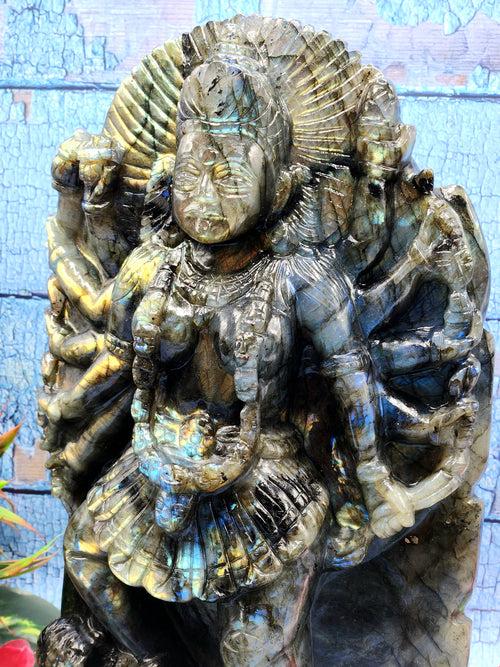 Goddess Kali statue in labradorite stone - A Divine Fusion of Wisdom and Spiritual Illumination | 12 inches and 6700 gms