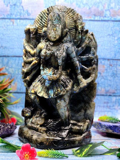 Goddess Kali statue in labradorite stone - A Divine Fusion of Wisdom and Spiritual Illumination | 12 inches and 6700 gms