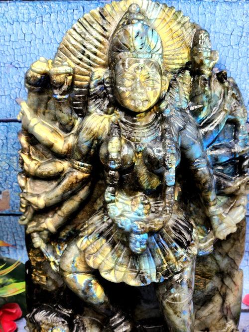 Goddess Kali statue in labradorite stone - A Divine Fusion of Wisdom and Spiritual Illumination | 12 inches and 6700 gms