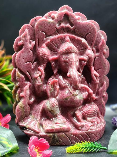 Lord Ganesh Statue in Rhodonite Stone: A Symbol of Wealth, Prosperity and Protection | Reiki/Chakra/Healing/Energy | Home Decor